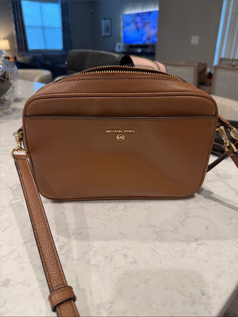 Michael Kors Brown Leather Crossbody Camera Bag with Gold Hardware
